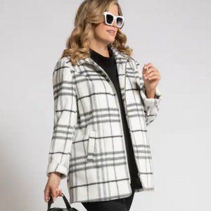Ulla Popken Check Fleece Zipper Front Fully Lined Jacket in White/Gray 24/26 NWT